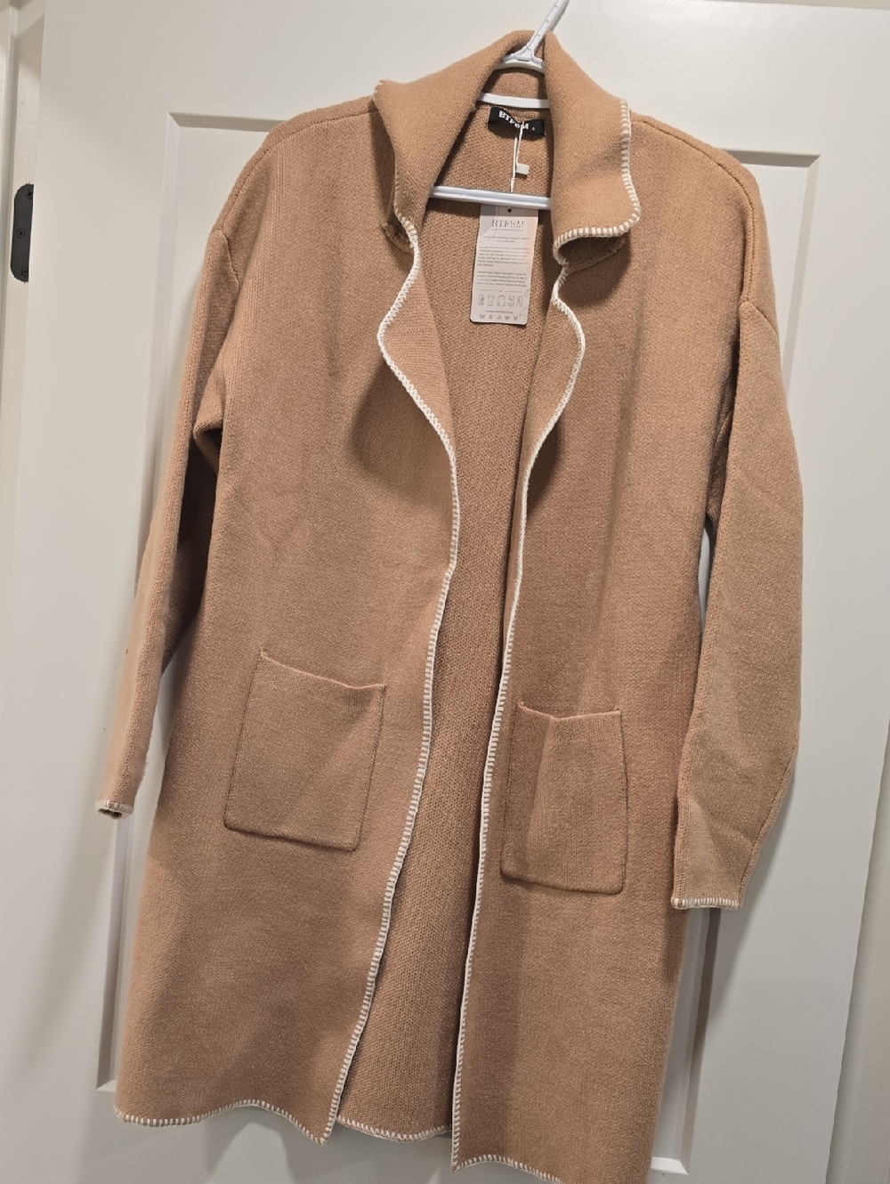 bobeau Tan Open-Front Long Knit Coatigan with White Contrast Trim